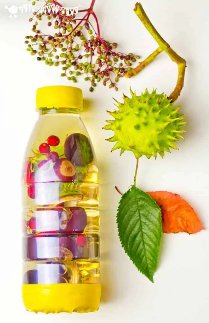 FALL SENSORY BOTTLES - Let babies and toddlers explore the colours, sounds, shapes and patterns of Fall/Autumn safely with attractive homemade autumn sensory bottles. Seasonal sensory play with discovery bottles for little hands.