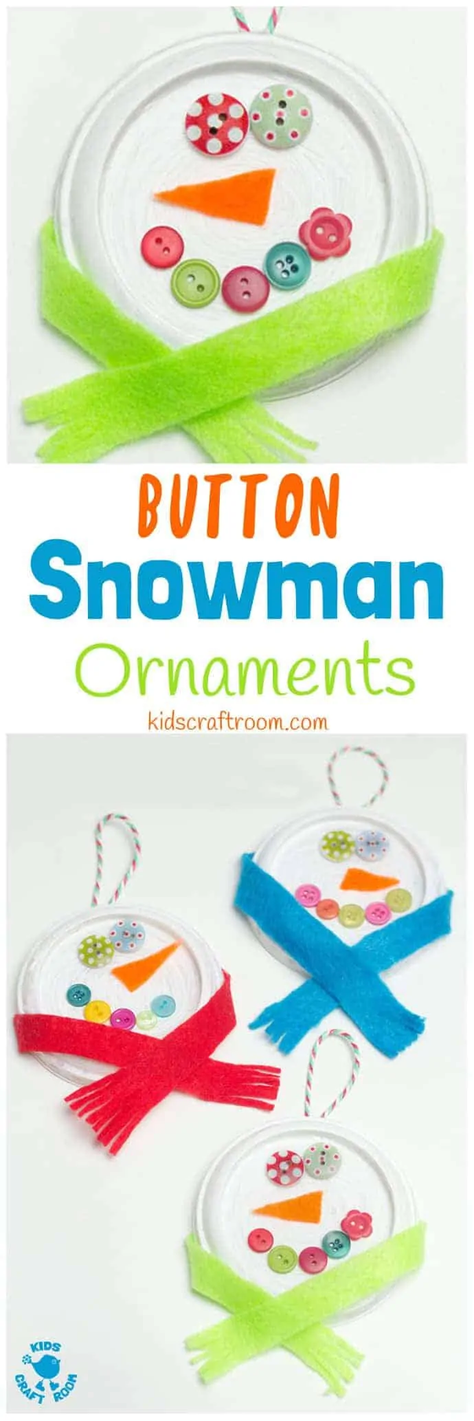 BUTTON SNOWMAN ORNAMENTS - Button eyes and snug scarves make these the cutest snowman craft for kids to make this Winter. A thrifty recycled Christmas and Winter craft for kids. #snowman #snowmancrafts #buttoncrafts #kidscrafts #ornaments #christmas #christmascrafts #winter #wintercrafts #recycledcrafts #wintercraftsforkids #craftideasforkids #kidscraftroom
