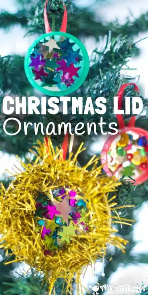 LID CHRISTMAS ORNAMENTS - shimmery, shiny recycled Christmas craft for kids. Kids will love making these homemade Christmas decorations. #christmas #christmascrafts #kidscrafts #recycled #recycledcrafts #ornaments #lids