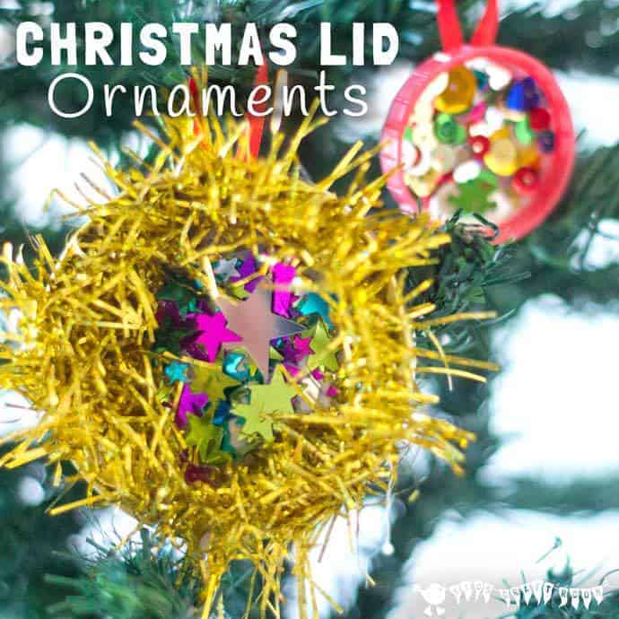 CHRISTMAS LID ORNAMENTS are a shimmery, shiny, frugal Christmas craft for kids. Let the kids "bling" to their heart's content with these homemade decorations.