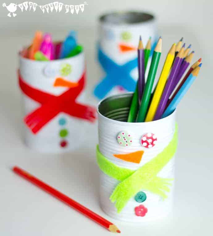 Kids will love turning old tin cans into Snowman Desk Tidies and a Snowman Bowling Game with this cute and easy Tin Can Snowman Craft. 