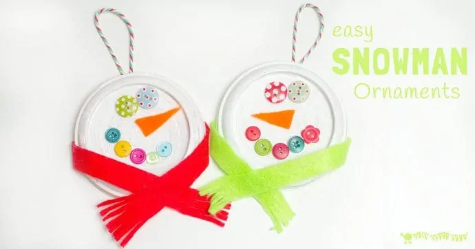 SNOWMAN ORNAMENTS - Button eyes and snug scarves make these the cutest snowman craft for kids to make this Winter. A thrifty recycled Christmas and Winter craft for kids. #snowman #snowmancrafts #buttoncrafts #kidscrafts #ornaments #christmas #christmascrafts #winter #wintercrafts #recycledcrafts #wintercraftsforkids #craftideasforkids #kidscraftroom
