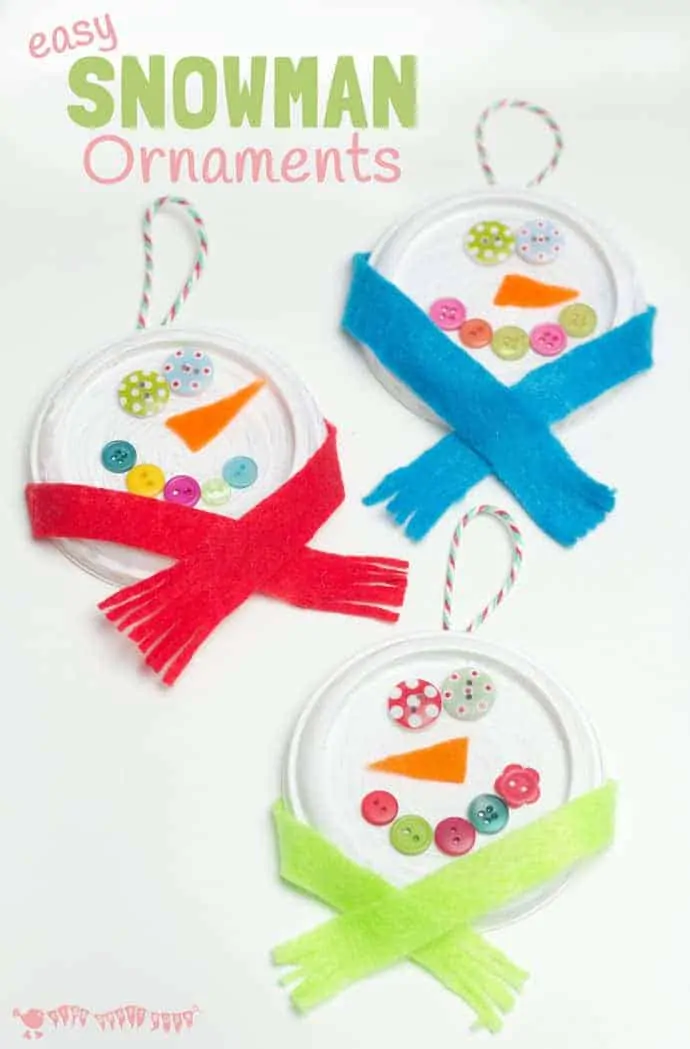 Three BUTTON SNOWMAN ORNAMENTS with different coloured scarves, red, blue and green.
