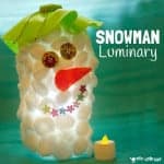 DIY SNOWMAN LUMINARIES - These fluffy Snowman Luminaries look cute and fluffy during the day and just adorable glowing in the evenings! An easy and frugal recycled snowman craft for kids. #snowman #snowmancrafts #luminary #lantern #winter #wintercrafts #kidscrafts #kidscraftroom #recycled via @KidsCraftRoom