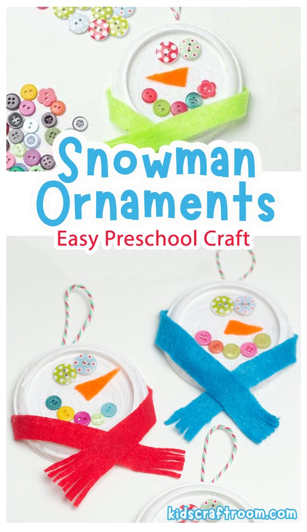 A collage of partly made and fully made Snowman Ornaments. Made from plastic lids painted white with glued on buttons for the snowman's eyes and smile.