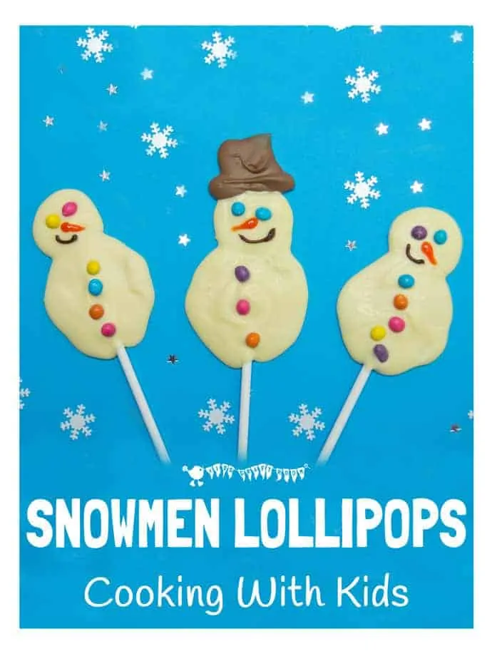SNOWMAN POPSICLES - Kids will love making delicious white chocolate snowman lollipops. An easy Winter recipe for cooking with kids. #cookingwithkids #kidsinthekitchen #kidsrecipes #desserts #popsicles #lollipops #chocolate #whitechocolate #snowman #snowmanactivity #snowmancraft #winteractivitiesforkids #winterrecipes #homemadechocolates #chocolates