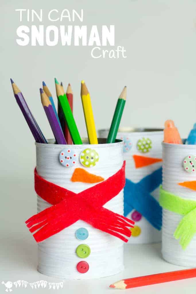 Kids will love turning old tin cans into Snowman Desk Tidies and a Snowman Bowling Game with this cute and easy Tin Can Snowman Craft.