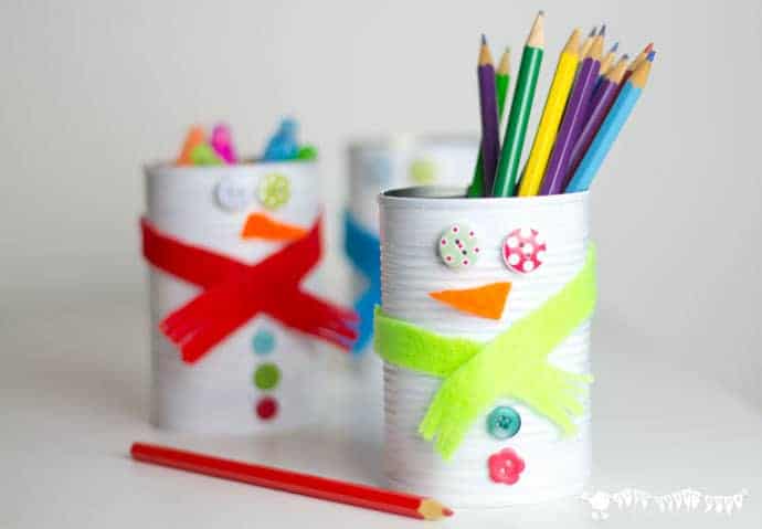 Kids will love turning old tin cans into Snowman Desk Tidies and a Snowman Bowling Game with this cute and easy Tin Can Snowman Craft. 