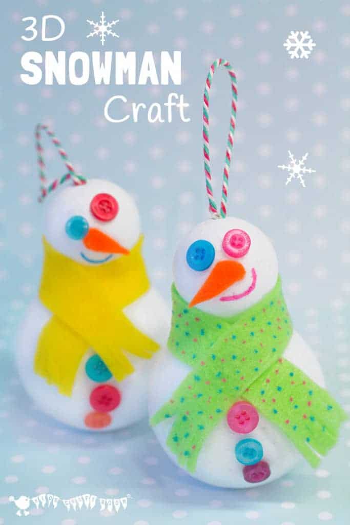 CUTE SNOWMAN ORNAMENTS - Easy 3D Snowman Craft for kids - great for hanging on the Christmas tree or for small world play. Kids will love how quick it is to make a Snowman friend. #christmas #winter #christmascrafts #wintercrafts #ornaments #snowman #snowmen #snowmancraft #wintercraftideas #kidscrafts #kidscraftroom