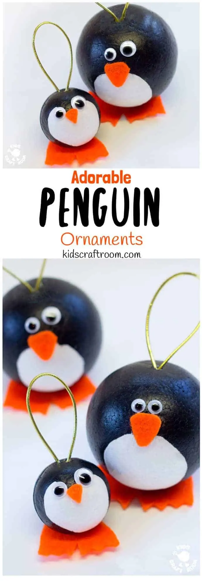 CUTE PENGUIN CRAFT - Have fun with this adorable round Winter penguin craft. They make super penguin Christmas ornaments and are fun for Winter Small World play too. #penguin #penguincrafts #wintercrafts #wintercraftsforkids #ornaments #christmas #christmascrafts #kidscraftroom