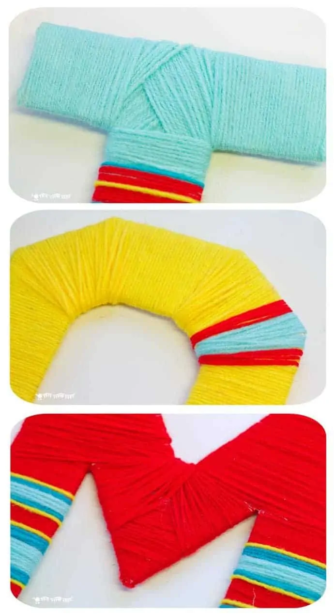 Kids and grown-ups will love this Yarn Wrapped DIY Wall Letter Craft. A cheap DIY hack to make bright and funky wall letter displays for around the home. Great for kids bedrooms.
