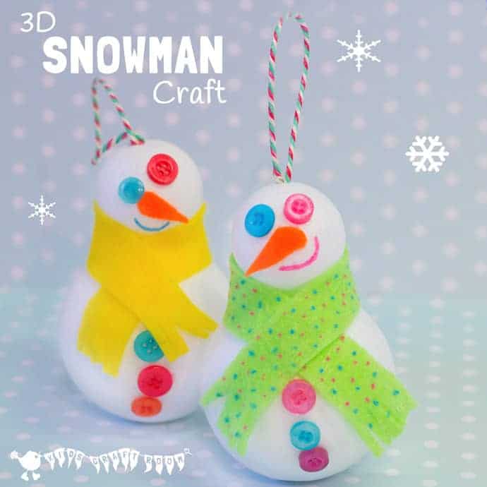 CUTE SNOWMAN ORNAMENTS - Easy 3D Snowman Craft for kids - great for hanging on the Christmas tree or for small world play. Kids will love how quick it is to make a Snowman friend. #christmas #winter #christmascrafts #wintercrafts #ornaments #snowman #snowmen #snowmancraft #wintercraftideas #kidscrafts #kidscraftroom 