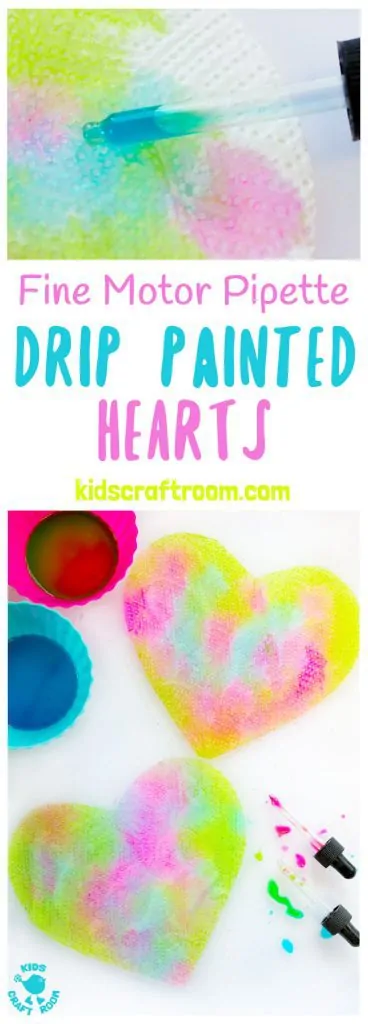 PIPETTE DRIP PAINTING HEARTS is a fun open ended process art for kids that develops fine motor skills, and explores colour mixing and pattern making. Great Valentines art for kids. #kidscraftroom #painting #paintingideas #kidspainting #paintingforkids #motorskills #valentine #valentinesday #valentinesdaycraft #valentinecraft #valentinescrafts #valentinecrafts #valentinesdayforkids #kidsart #processart #finemotorskills #kidscrafts