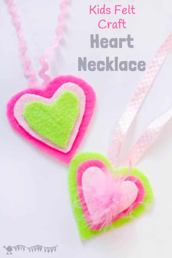 HEART NECKLACES are cute, colourful and no-sew! This kids felt craft is a great way for children to make homemade jewellery for themselves or as cute gifts. A lovely Mother's Day craft or Valentine's Day Craft for kids. #valentine #valentinesday #valentinescraft #valentinecraft #valentinescrafts #valentinecrafts #valentinesdayforkids #heart #love #heartcrafts #sewingforkids #homemadejewllery #necklace #DIYnecklace #feltcrafts #kidscrafts #craftideasforkids via @KidsCraftRoom