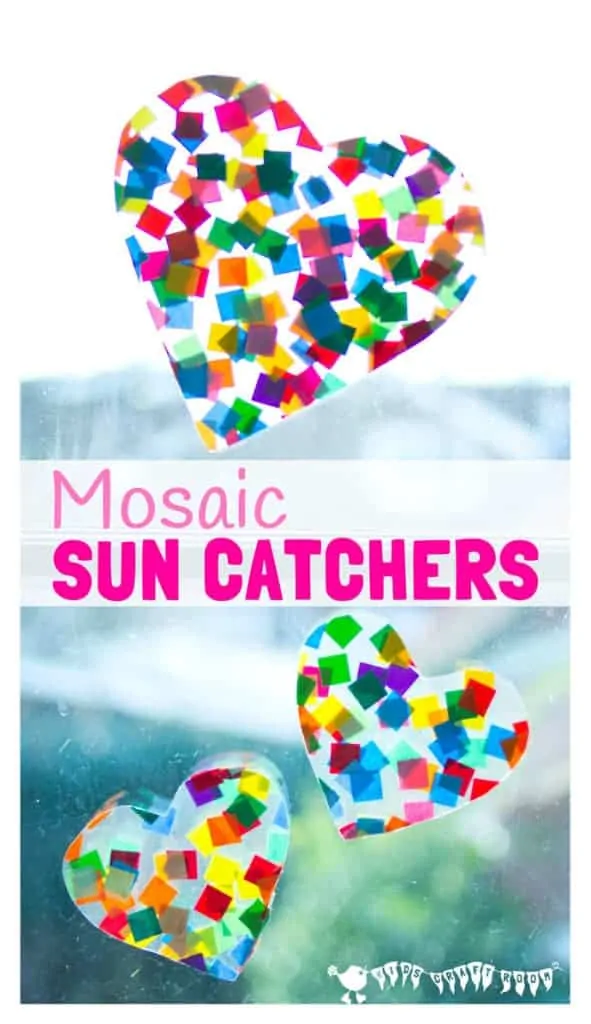 HEART SUNCATCHER MOSAICS for kids look gorgeous! Window art that's pretty, colourful and easily adaptable for kids of all ages. Fun for Valentine's Day, Mother's Day and Summer. #valentine #valentinesday #valentinesdaycraft #heartcrafts #mothersdaycrafts #kidscrafts #suncatcher #suncatchercrafts #kidsactivities #craftsforkids #summer #summercrafts #preschoolcrafts #craftideasforkids #valentinecraft #valentinescrafts #valentinecrafts #valentinesdayforkids #kidssummercrafts