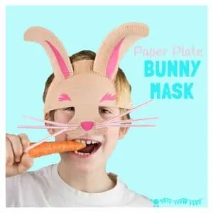PAPER PLATE BUNNY RABBIT MASK with whiskers - great for imaginative play. A fun paper plate Easter bunny rabbit craft for kids. #easter #eastercrafts #rabbit #rabbitcrafts #bunny #easterbunny #bunnycrafts #paperplates #paperplatecrafts #kidscrafts #craftsforkids #masks #maskcrafts #costumes #dressingup #pretendplay #play #playideas #dramaticplay #imaginativeplay #kidscraftroom #springcrafts