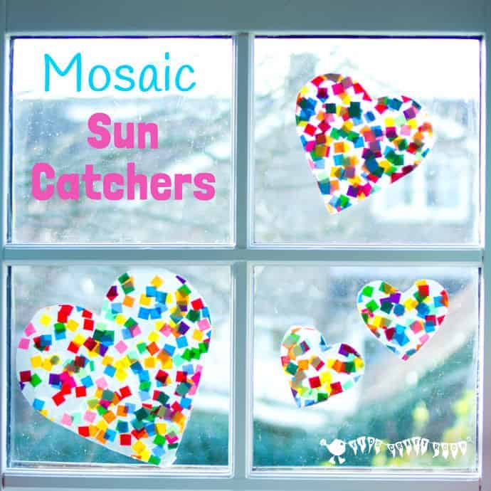 These heart suncatcher mosaics are about as colourful as a suncatcher can get and look gorgeous! It's a great craft for kids of all ages and can be made simple or more challenging to match their needs.