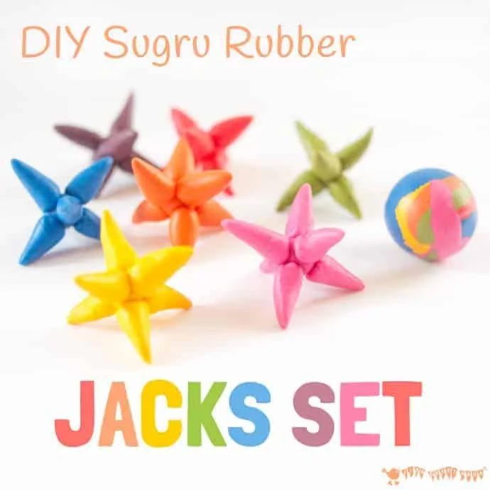 Make a DIY RAINBOW JACKS GAME with this easy and colourful Sugru craft. A fun rainbow craft and homemade toy for kids.