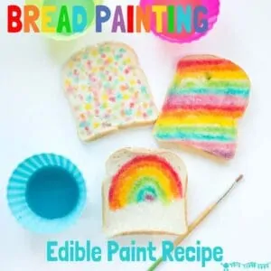 ART YOU CAN EAT is such fun! Check out our easy EDIBLE PAINT RECIPE and get the kids busy creating their own RAINBOW BREAD MASTERPIECES.