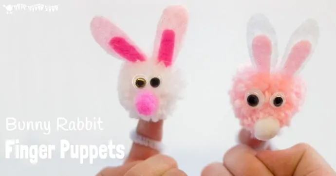 POM POM BUNNY RABBIT FINGER PUPPETS are easy and fun for kids to make and a great way to encourage imaginative play and story telling. Fun as an Easter craft or all year round. #easter #eastercrafts #rabbit #rabbitcrafts #bunny #easterbunny #bunnycrafts #pompoms #yarncrafts #pompomcrafts #kidscrafts #craftsforkids #puppets #puppetcrafts #kidscraftroom #fingerpuppets