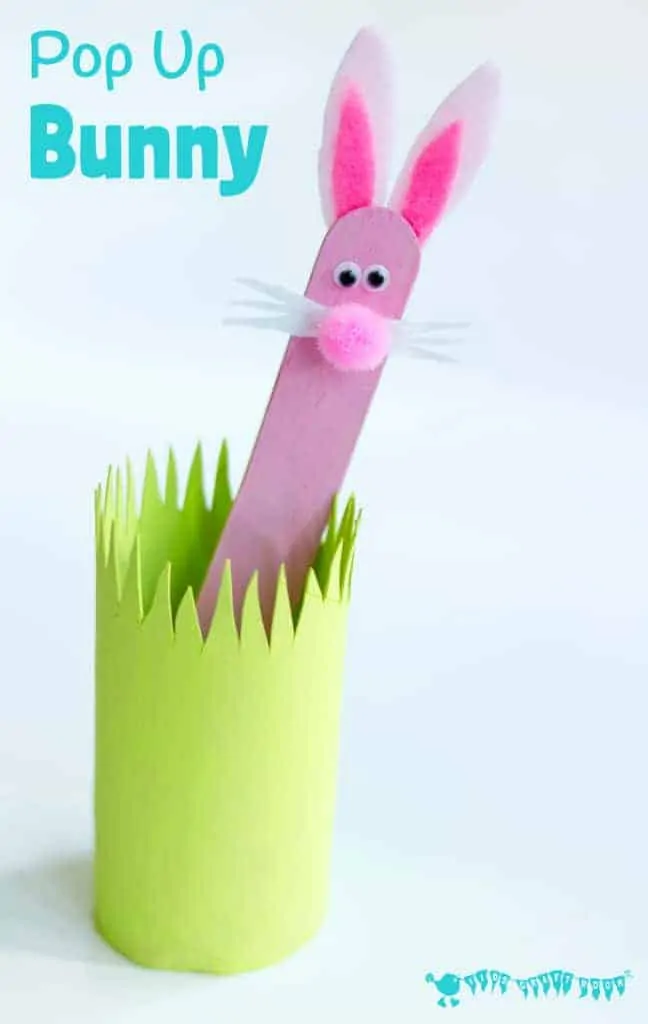 POP UP BUNNY RABBIT PUPPET A simple popsicle stick rabbit craft for Easter, Springtime or all year round. A fun homemade toy to promote imaginative play, story telling and games of peek-a-boo! #easter #eastercrafts #rabbit #rabbitcrafts #bunny #easterbunny #bunnycrafts #cardboardtube #tprollcrafts #popsiclestickcrafts #kidscrafts #craftsforkids #puppets #puppetcrafts