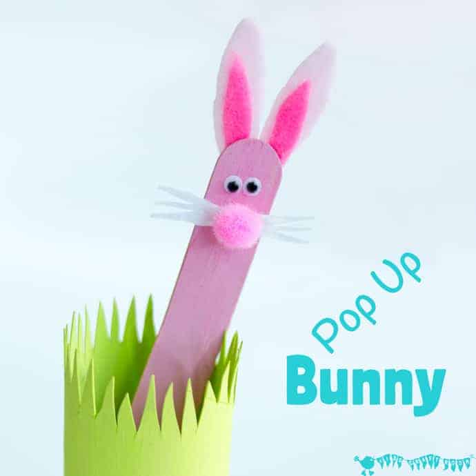 POP UP BUNNY RABBIT PUPPET A simple popsicle stick rabbit craft for Easter or all year round. A fun homemade toy to promote imaginative play, story telling and games of peek-a-boo!
