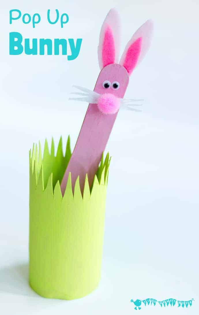 POP UP BUNNY RABBIT PUPPET A simple popsicle stick rabbit craft for Easter, Springtime or all year round. A fun homemade toy to promote imaginative play, story telling and games of peek-a-boo!
