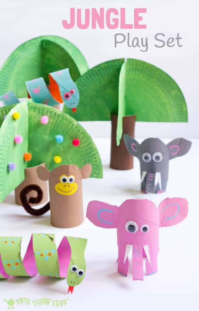 This Jungle Play Set looks amazing and is super easy to make. Such a great way to spark creativity and imaginative play with cardboard tubes! #kidscrafts #junglecrafts #cardboardtubes
