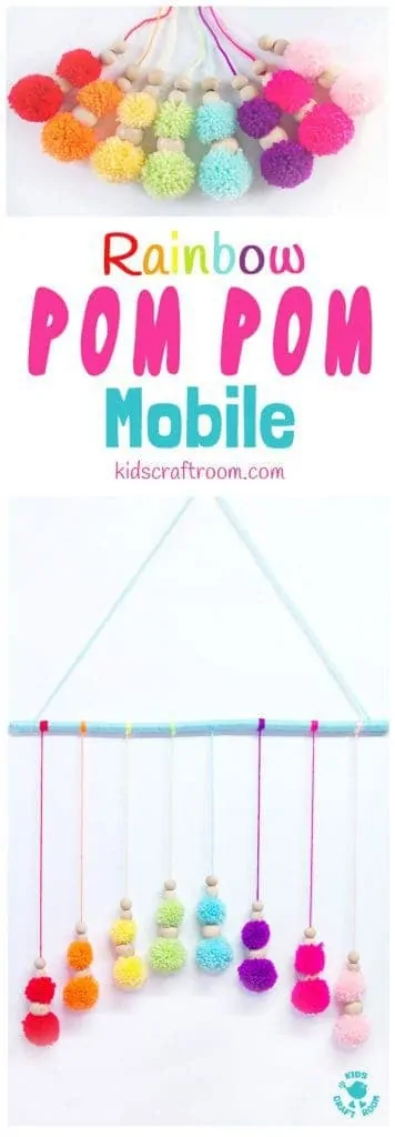 DIY RAINBOW POM POM MOBILE - brighten up your baby nursery, kids bedrooms or add a splash of colour to your living area with this cute and easy pom pom craft. A super way to use up yarn scraps. #rainbow #mobile #homemademobile #diymobile #yarncrafts #pompomcrafts #pompoms #rainbows #kidsdecor #kidsbedroom #kidscrafts #craftsforkids #kidscraftroom