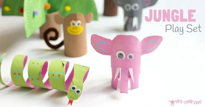 This Jungle Play Set looks amazing and is easy to make from toilet paper roll crafts. Such a great way to spark creativity and imaginative play with cardboard tube crafts! #cardboardtubes #junglecrafts #animalcrafts #tprolls #cardboardtubecrafts #recycledcrafts #kidscrafts #craftsforkids #kidscraftroom #homemadetoys #elephantcrafts #monkeycrafts #snakecrafts