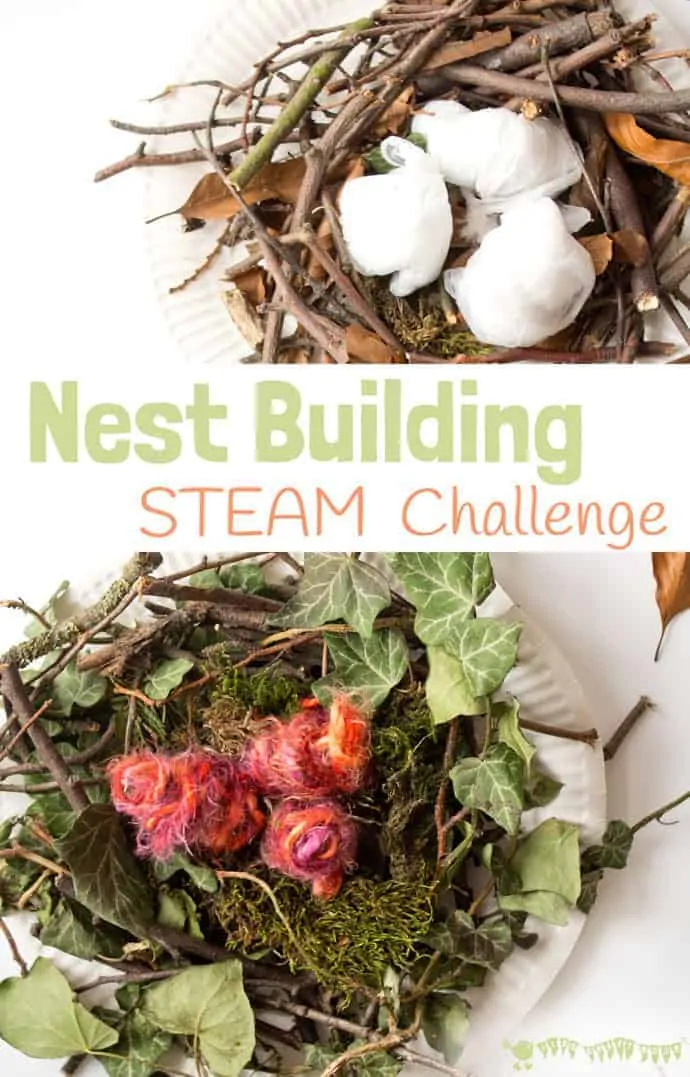 Make A Birds Nest STEAM project is a fun way to challenge your kids and get them testing out their ideas and problem solving. Can you build a nest using natural materials just like real birds do? No glue or tape allowed! #STEM #STEAM #Easter #eastercrafts #easteractivities #kidscrafts #craftsforkids #kidscraftroom #springcrafts #springactivities #ECE #kidsactivities #nest #birdnests