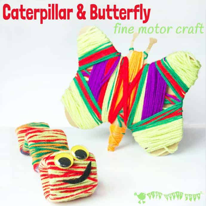 This yarn wrapped caterpillar and butterfly craft is perfect for following up a real life nature hunt. A simple preschool craft that builds fine motor skills and supports learning.