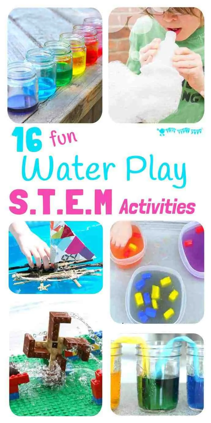 16 exciting Water Play STEM projects kids will love! STEM Water play ideas are great educational Summer activities...Kids learn best when they're having fun! #STEM #STEAM #STEMchallenge #water #watertable #waterplay #play #playideas #outdoorplay #kidscraftsroom #kidsactivities #earlyyears #ECE #preschool #prek #preschoolactivities #outsideplay #STEMactivities 