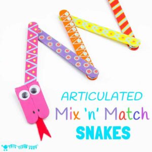 SNAKE CRAFT: This Mix 'N Match Articulated Snake Craft is such fun and twists, turns and slithers like a real one! With bright and colourful interchangeable body parts kids can make a unique snake toy every time they play! #snakecrafts #snakes #popsiclesticks #kidscrafts #kidscraft #kidcrafts #ECE #kidcraft #kidscrafts101 #craftideas #craftsforkids #funforkids #preschool #preK #earlyyears #letsgetcrafty #kidscreate #creativekids #craftykids #kidsactivities #activitiesforkids