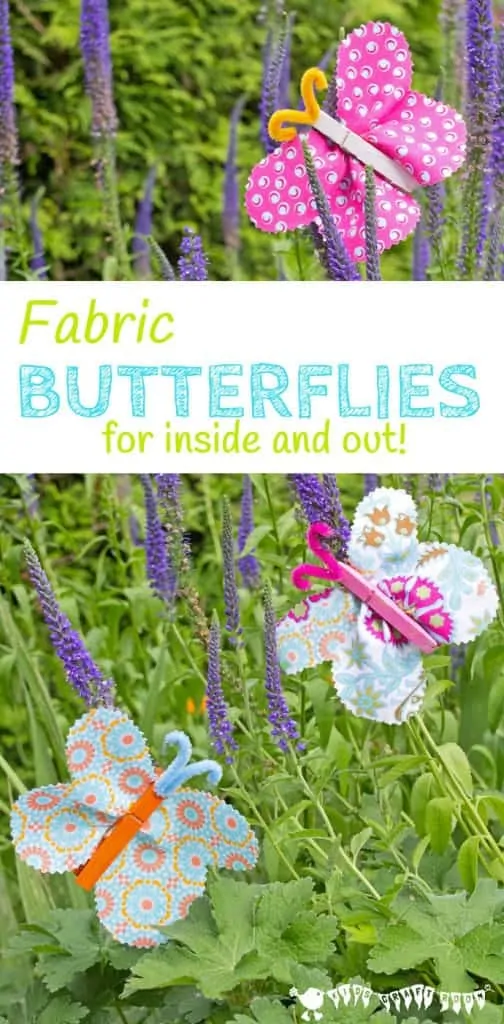 FABRIC CLOTHESPIN BUTTERFLY CRAFT is cute, colourful and easy. Beautiful homemade butterflies are a great Spring craft and Summer craft for kids to decorate the home and garden. #kidscrafts #springcrafts #summercrafts #butterflies #butterflycrafts #craftsforkids #kidscraftroom #butterfly #clothespin #clothespincrafts