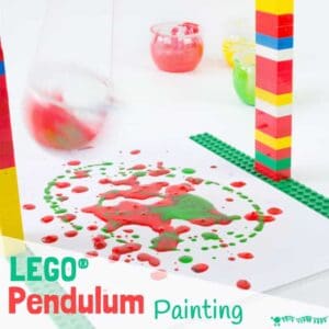Swing, spin, splatter! We LOVE this LEGO® Pendulum Painting activity for kids and know that you will too! It's one of over 100 ways to create, play and learn with LEGO.