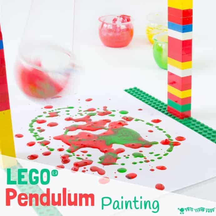Swing, spin, splatter! We LOVE this LEGO® Pendulum Painting process art activity for kids and know that you will too! It's one of over 100 ways to create, play and learn with LEGO.