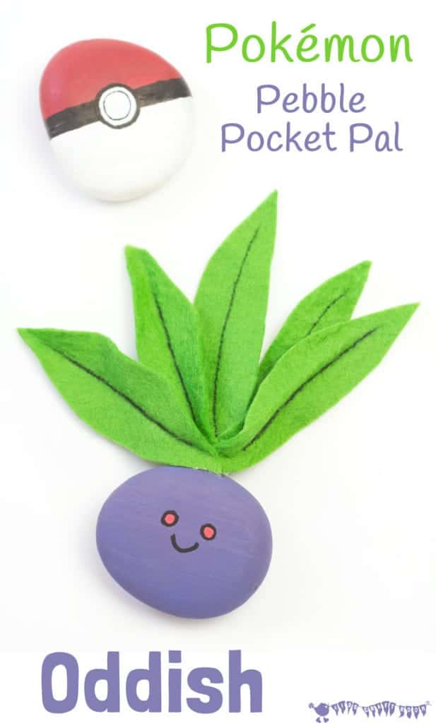 Pokemon craft for kids - a cute pocket sized Oddish craft you can actually play with! A great pebble Pokemon DIY for Pokemon Go fans.