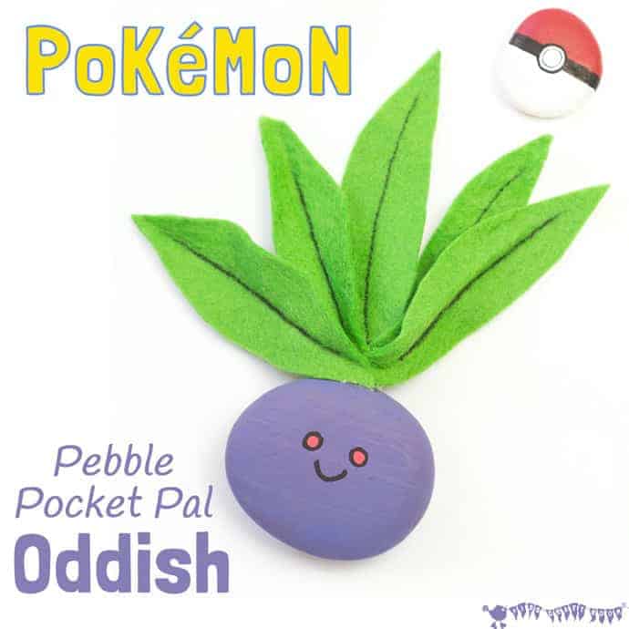 Pokemon craft for kids - a cute pocket sized Oddish craft you can actually play with! A great pebble Pokemon DIY for Pokemon Go fans.