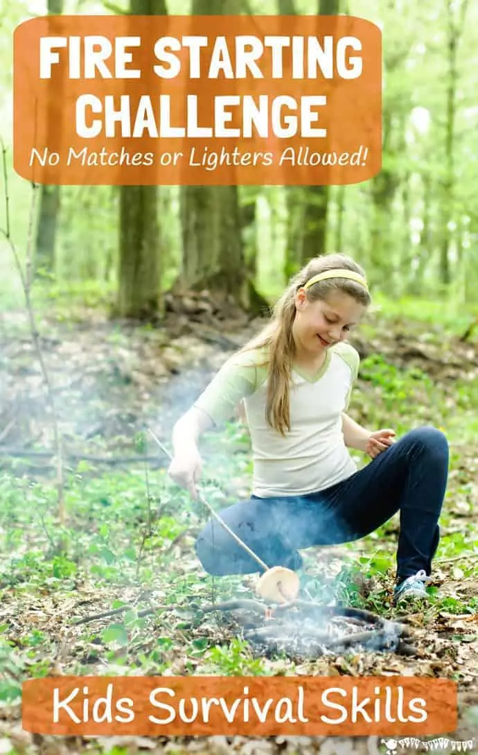Are your kids up for a survival skills challenge? Get big kids unplugged, outside and enjoying nature with this fire starting challenge, no matches allowed! Your tweens and teens will love this awesome bushcraft activity. NO FIRE = NO COOKING = NO DINNER! #survivalskills #tweenactivities #teenactivities #camping #campingwithkids #firestarter #fire #natureactivities #kidsactivities #bushcrafts #survival #outdooractivities #outsideactivities #natureactivities #kidscraftroom #unplugged