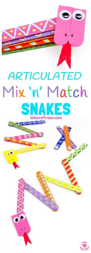 SNAKE CRAFT: This Mix 'N Match Articulated Snake Craft is such fun and twists, turns and slithers like a real one! With bright and colourful interchangeable body parts kids can make a unique snake toy every time they play! #snakecrafts #snakes #popsiclesticks #kidscrafts #kidscraft #kidcrafts #ECE #kidcraft #kidscrafts101 #craftideas #craftsforkids #funforkids #preschool #preK #earlyyears #letsgetcrafty #kidscreate #creativekids #craftykids #kidsactivities #activitiesforkids