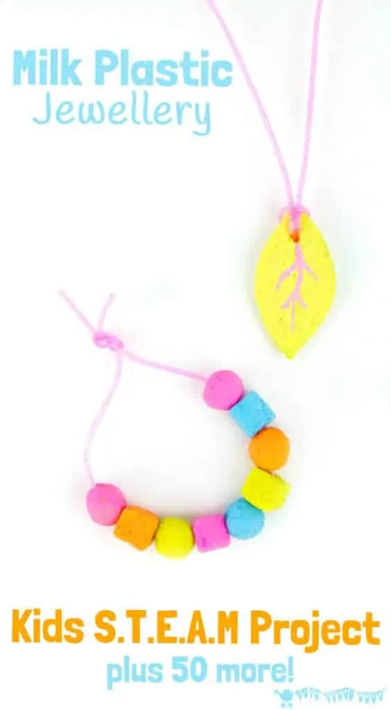 Milk Plastic Jewellery STEAM project for kids and 50+ awesome STEAM activities from the new STEAM Kids book.