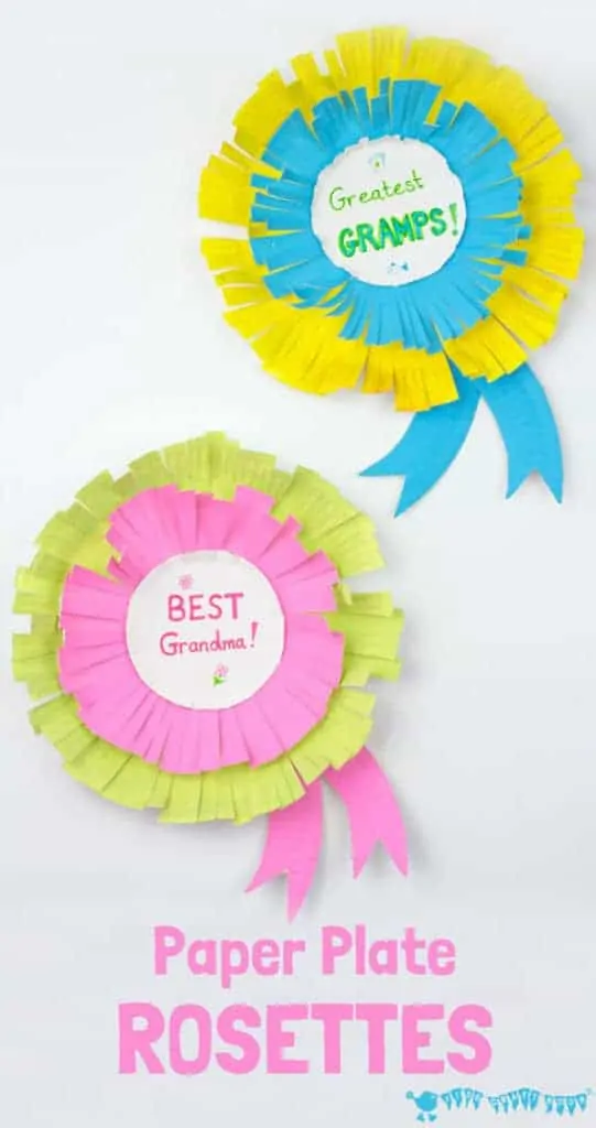 Paper Plate Rosettes are a great Grandparent's Day Craft. Every Granny and Grandad will feel appreciated receiving a personalised award they can wear too! #grandparentsday #grandad #grandma #rosettes #paperplates #paperplatecrafts #kidscrafts #craftsforkids #gifts #homemadegifts #giftsforkidstomake #grandparents #kidscraftroom