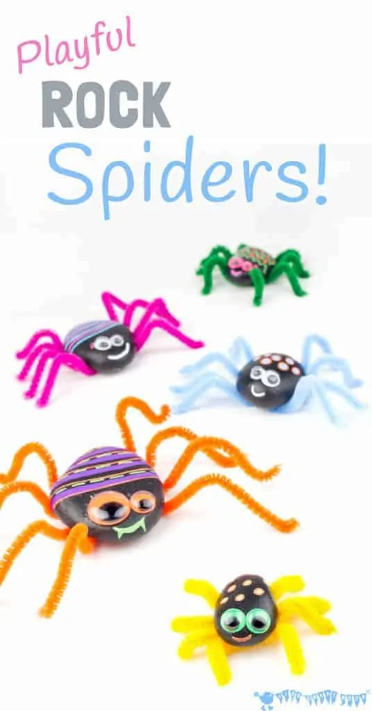 PLAYFUL ROCK SPIDER CRAFT is adorably cute! Homemade spiders are fab for year round imaginative play, acting out Itsy Bitsy Spider songs and Halloween! A fun pebble nature craft for kids. #rockcrafts #naturecrafts #spidercrafts #pebbleart #rockart #animalcrafts #insectcrafts #spiders #natureactivities #pipecleanercrafts #kidscrafts #kidscrafts101 #halloweencrafts #halloweencraftsforkids #itsybitsyspider #kidscraftroom #letsgetcrafty #kidcrafts