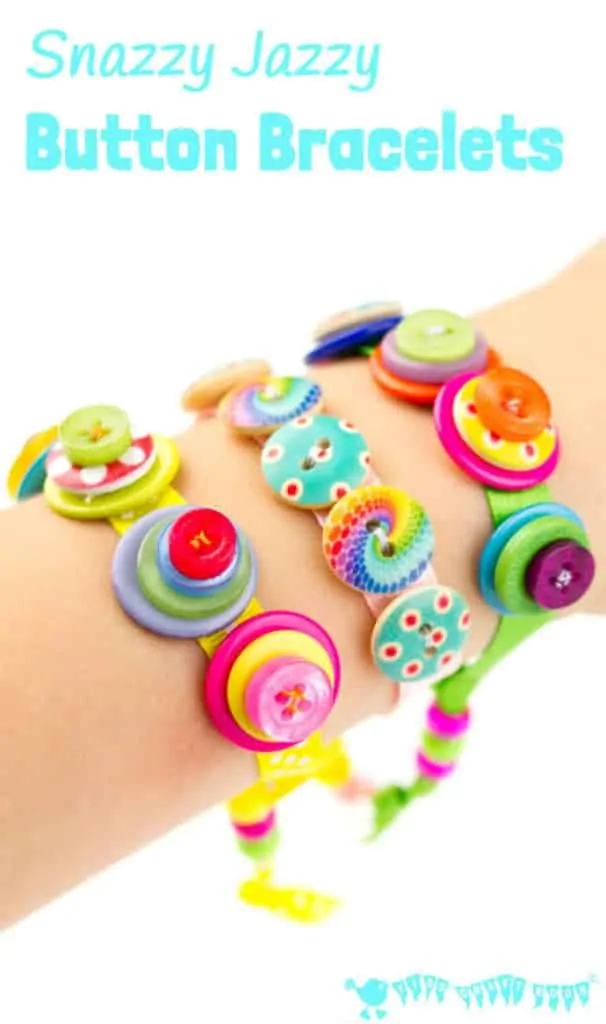 SNAZZY JAZZY BUTTON BRACELETS are a great sewing project for kids and for fun loving grown ups! Homemade button bracelets make great gifts too.