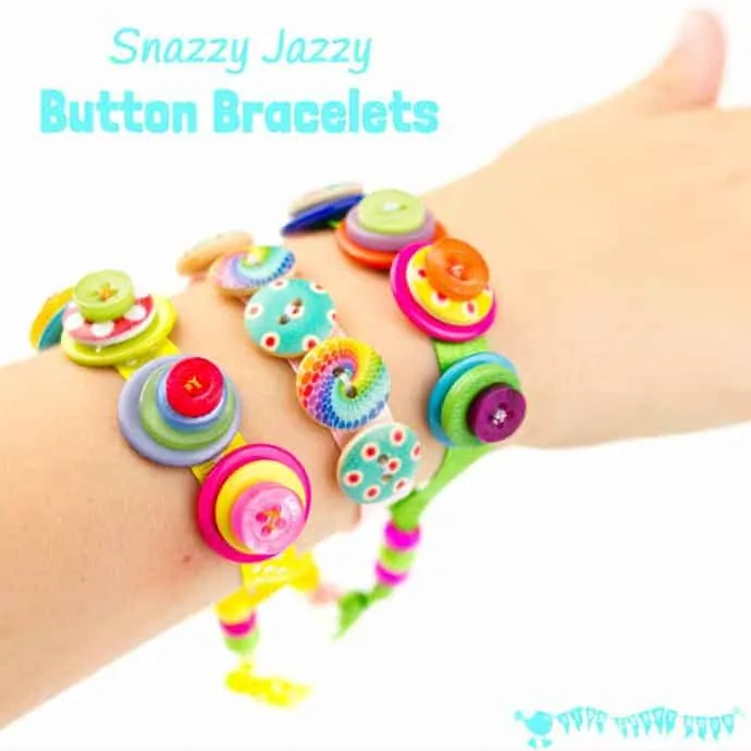 SNAZZY JAZZY BUTTON BRACELETS are a great sewing project for kids and for fun loving grown ups! Homemade button bracelets make great gifts too.