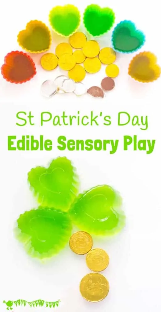 Kids will adore this EDIBLE SENSORY PLAY ST PATRICK'S DAY ACTIVITY. Explore giant wibbly-wobbly squishy shamrock leaves and tasty treasure from the end of the rainbow! #sensoryplay #sensory #stpatricksday #stpatricksdayactivities #edible #tastesafe #play #playideas #preschoolactivities #educationalactivities #preschool #stpaddys #saintpatricksday #sensorybin #rainbow #rainbowactivities #shamrockcrafts #kidscraftroom