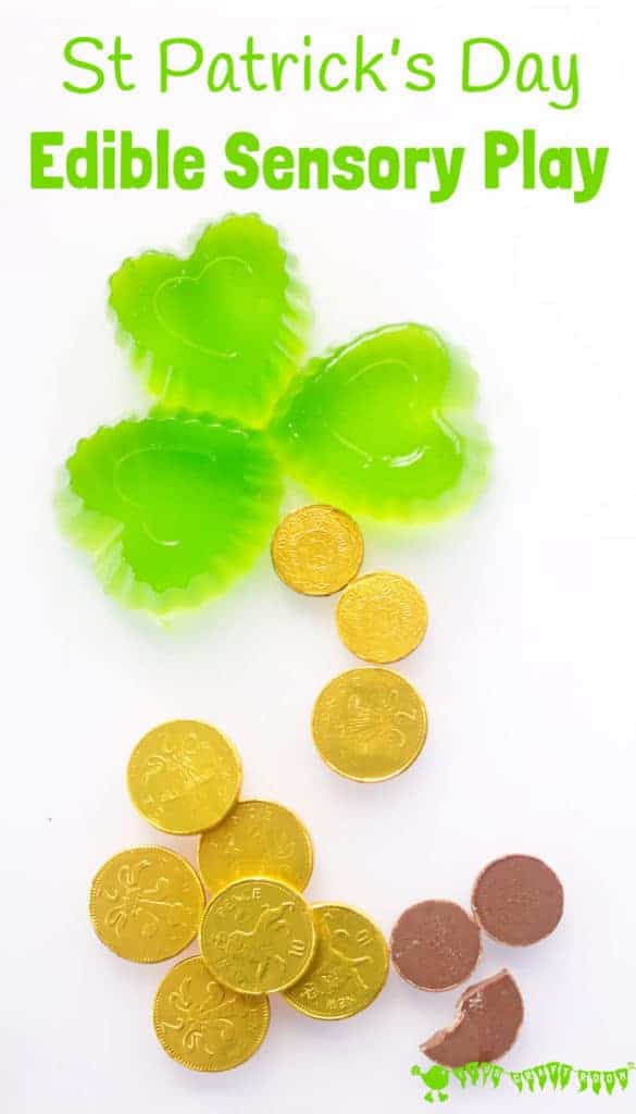 Kids will adore this EDIBLE SENSORY PLAY ST PATRICK'S DAY ACTIVITY. Explore giant wibbly-wobbly squishy shamrock leaves and tasty treasure from the end of the rainbow!