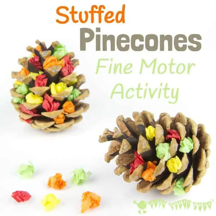 Stuffed Pinecones is a fun Nature craft and fine motor activity for kids to enjoy. A pinecone craft for kids that's educational and fun. It's a lovely Fall activity but change the colours and use it for a seasonal craft all year round.