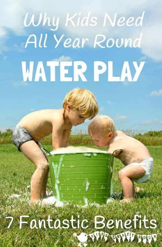 Water play is great fun and not just for Summer!  Discover the full benefits of water play and tips to easily incorporate it into your day to day play schedule throughout the whole year. #sensory #sensoryplay #sensoryplayideas #waterplay #wateractivities #watertable #sensorybins #kidscraftsroom #play #playideas #kidsactivities #earlyyears #ECE #preschool #prek #preschoolactivities #summeractivities #waterwall #outdoorplay